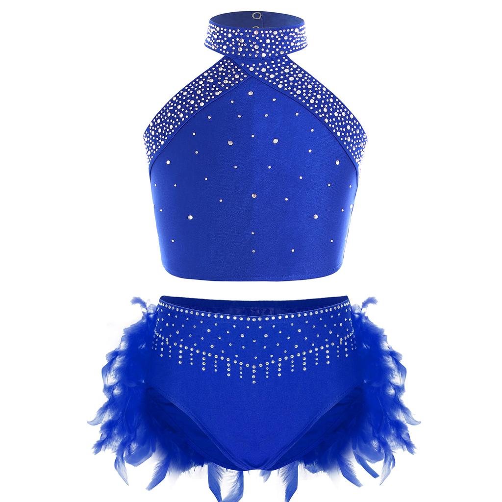 Girls Dance Performance Outfit Halter Neck Sleeveless Backless Vest with Sparkly Rhinestones Feather Briefs