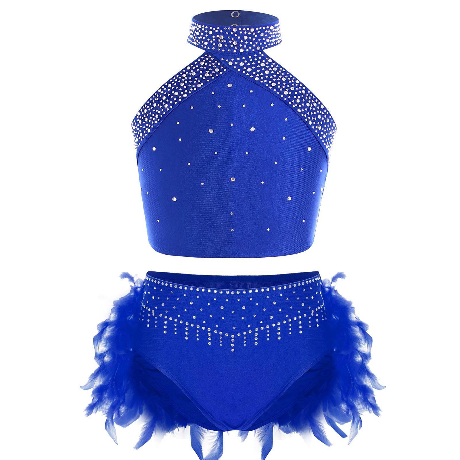 

Girls Dance Performance Costume Halter Neck Sleeveless Backless Cross Back Sparkly Rhinestones Vest Feather Briefs 5-6 Years синій