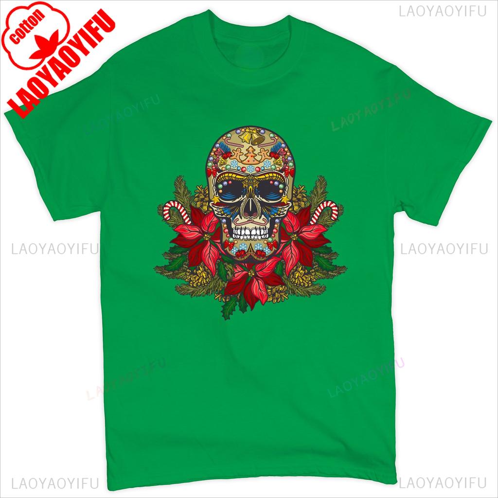 Christmas Calavera Tshirt Sugar Skull Holiday Spirit Mistletoe Mens Tee Retro Breathable Top Skeleton and Flower Pattern Shirt