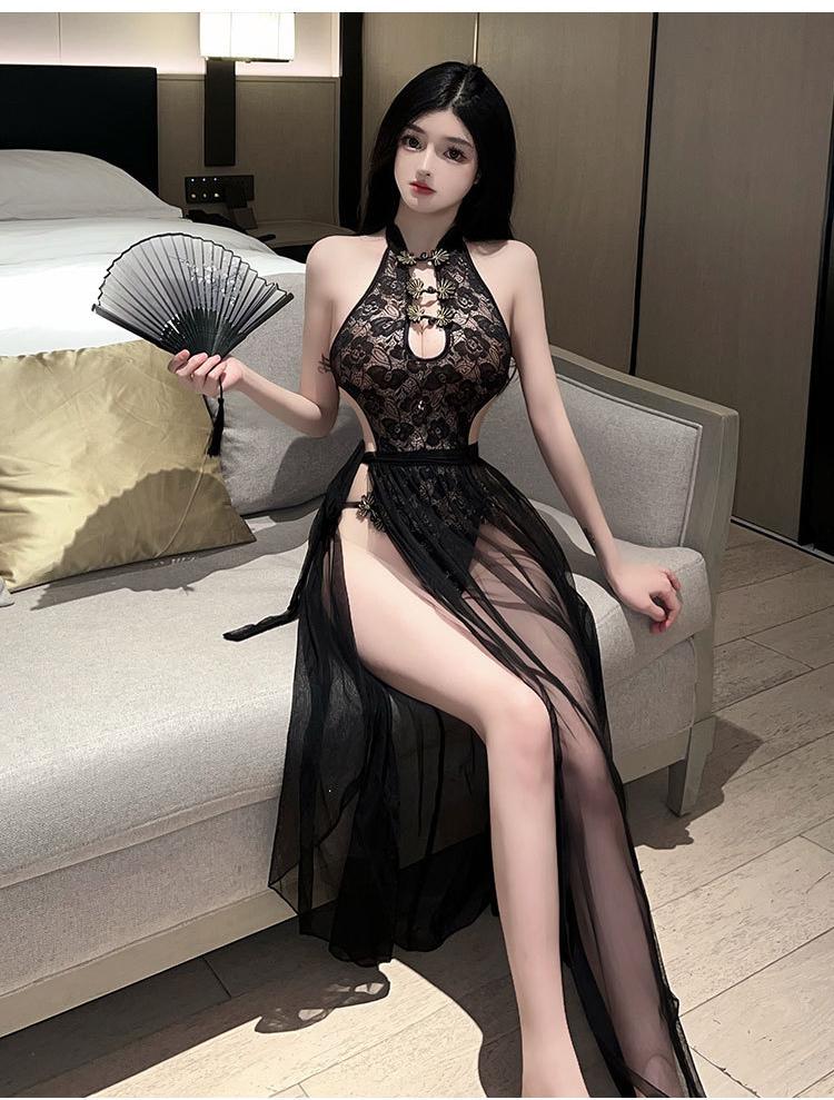 Chinese Lingerie Lace Onesie See Through Mesh Seduction Nightdress Sexy Pajamas Cheongsam Dress Women Retro Improve Split Qipao