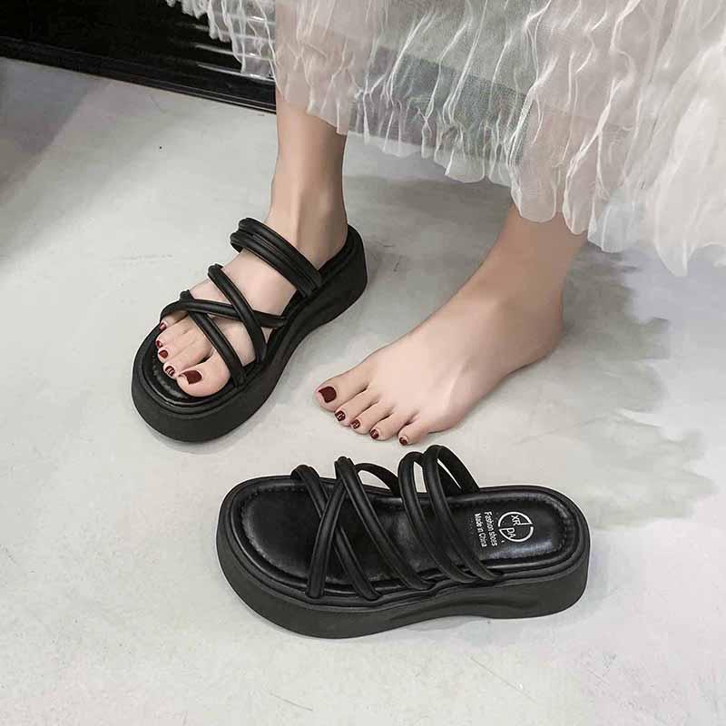Fashion Soft Sole Platform Sandals New Summer Round Toe Open Cross Strap Comfortable Platform Anti-Slide Heel Slippers