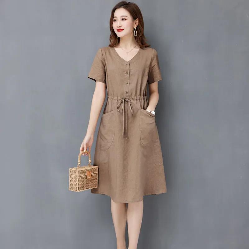 

Женские корейские элегантные свободные простые интеллектуальные модные повседневные платья с коротким рукавом, карманами и кулиской XXXL