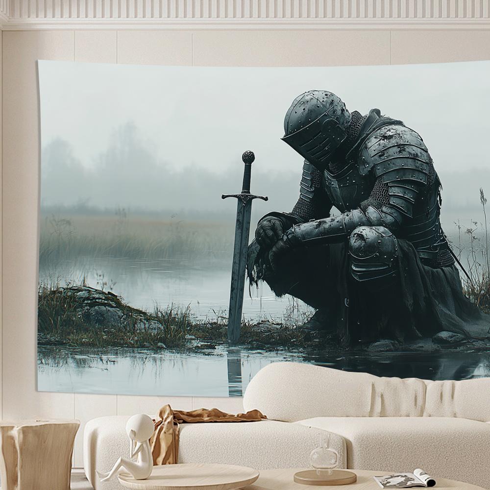 

3D Knight Kneeling Wall Tapestry Medieval Knight with Sword Vintage Gothic Home Decor No Electricity Needed Easy Hang Inst 74x94cm(29x37in)
