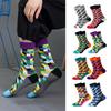 Fashion Crew Socks Color Block Geometric Print Trendy Breathable Mid Tube Socks Stylish Contrast Cuff Casual Hosiery