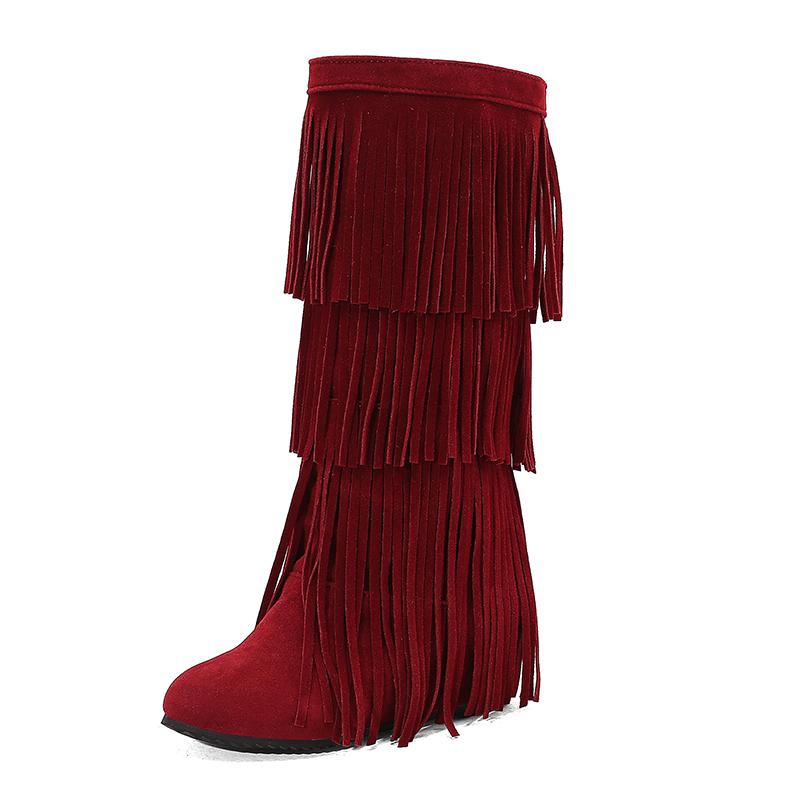 Plus Size Frosted Suede Material Three Sections Of Tassels Fine Stripes Flat Bottomed Sloping Heels Retro Midsole Boots