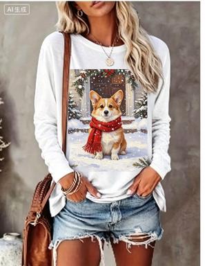 Women Long Sleeve T‑Shirt Christmas Rabbit With Scarf Winter Snow Scene Print Crew Neck Loose Casual Holiday Tops