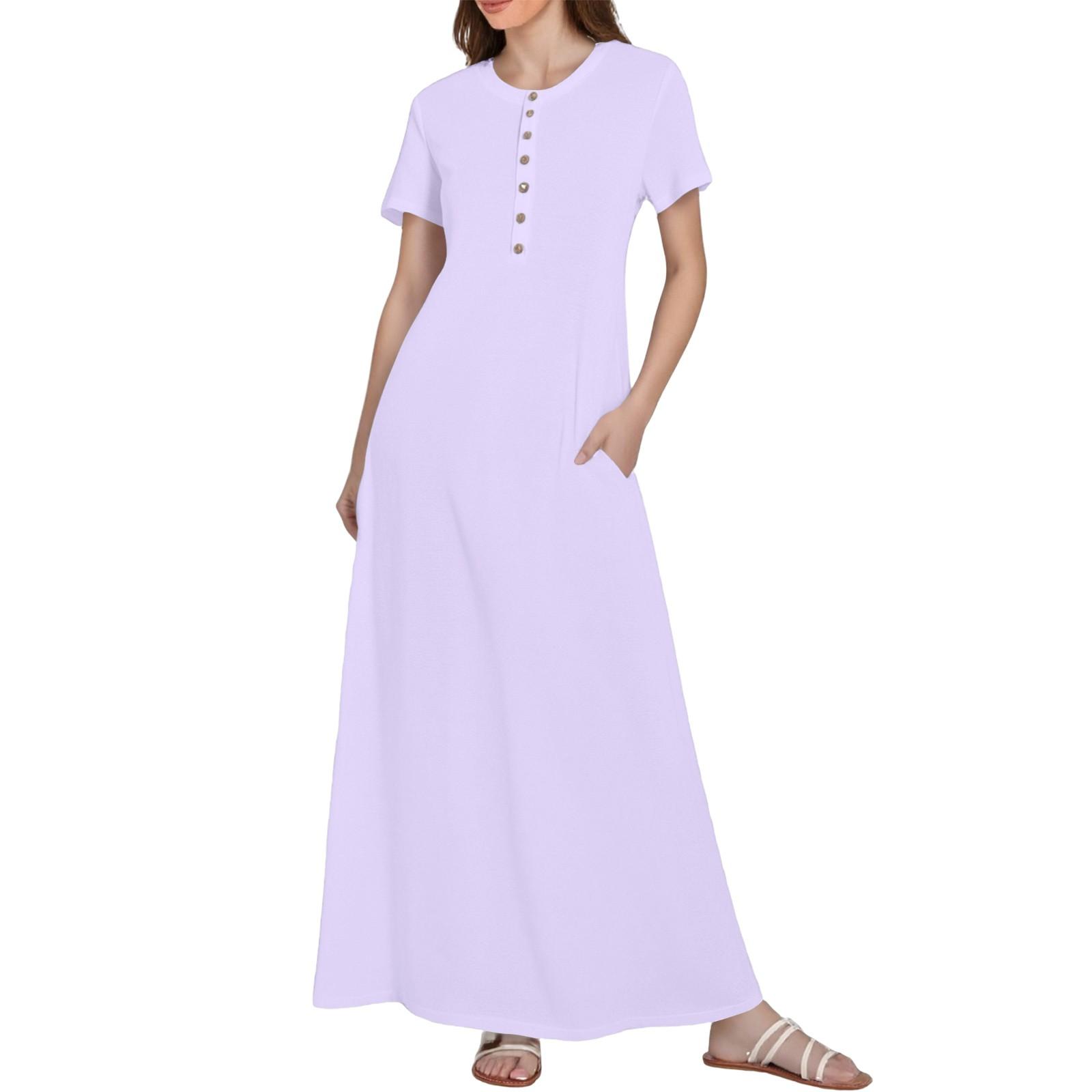 Women s Casual Printed Summer Round Neck Button Dress With Pockets L