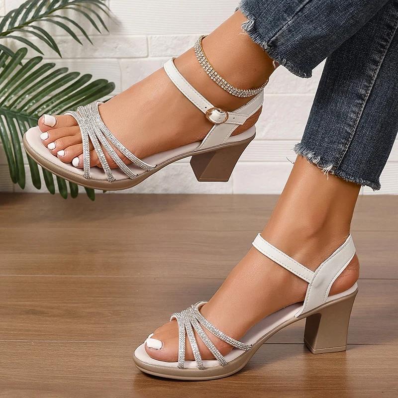 

Модные женские хрустальные босоножки на высоком каблуке 2025 лето, сандалии-гладиаторы с ремешком на пряжке, женская модная черная обувь для вечеринок на квадратном каблуке 42 белый