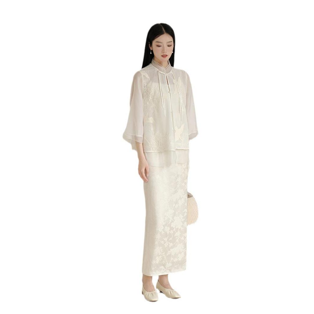 Women's Chinese Style Embroidered Tang Suit Two-Piece: Summer Jacquard Spaghetti Strap Dress & Top.