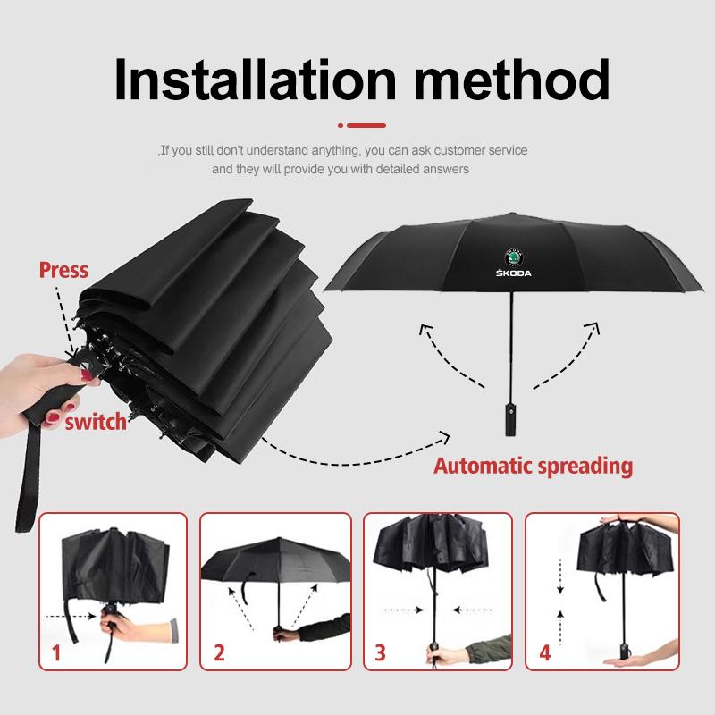 2025 New For Skoda 12 Bone Car Automatic Folding Umbrella Sunshade Accessories Rapid Kodiaq Karoq Fabia Kamiq MK3 Roomster Enyaq