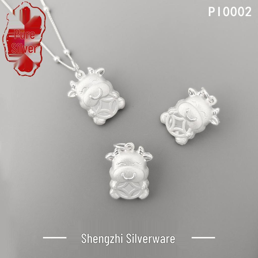 Sterling Silver Lucky Money Cow Pendant with Handmade Woven Rope