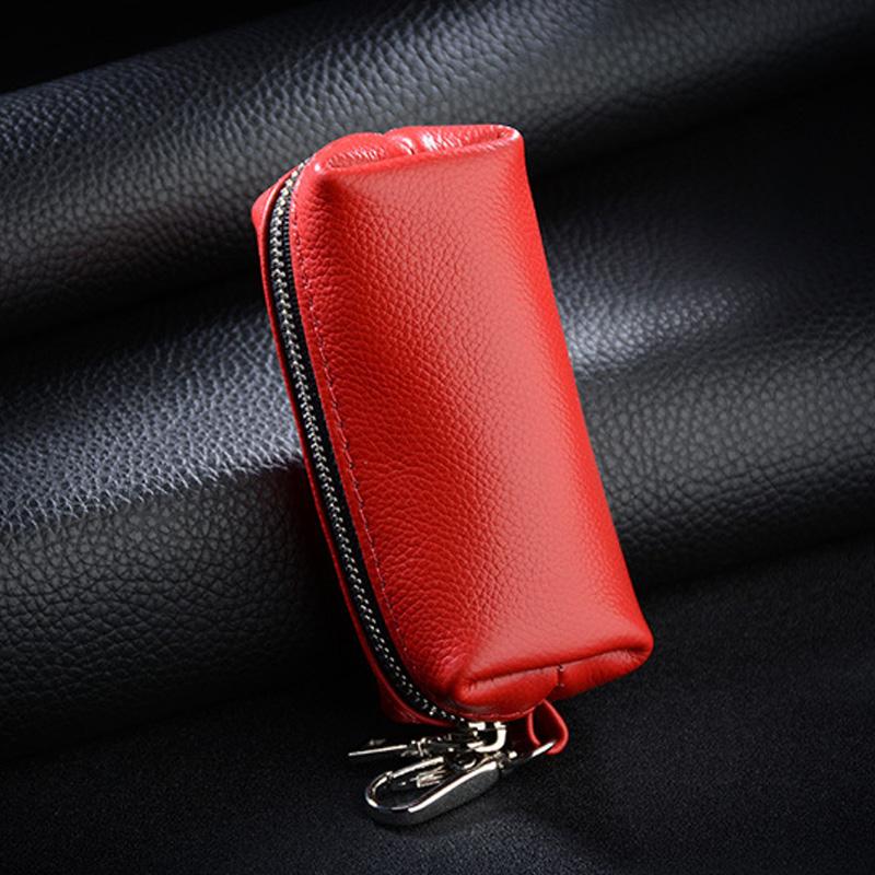 Genuine Leather Key Holder - Unisex Car/House Key Organizer Pouch with Long Keychain, Cow Split Leather Wallet Case