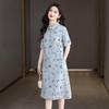 Women's Printed Linen Lapel Midi Dress