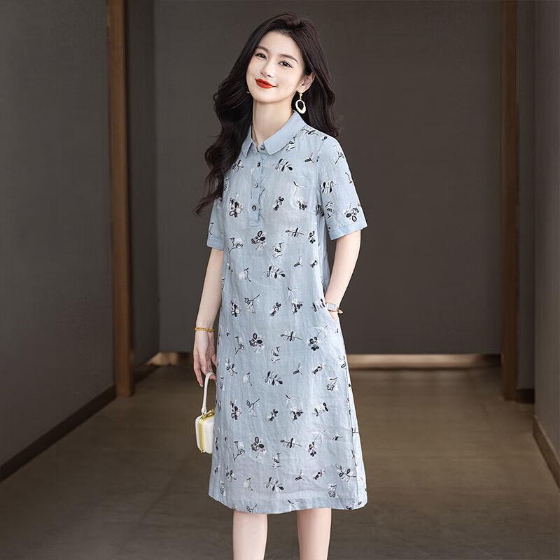 Women's Printed Linen Lapel Midi Dress