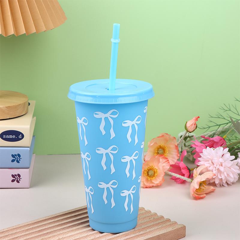 1Pc 710Ml Kawaii Bow Reusable Party Cups With Straw Lid Coffee Juice Tea Cute Tumbler With Straw Plastic Cups Summer Gifts