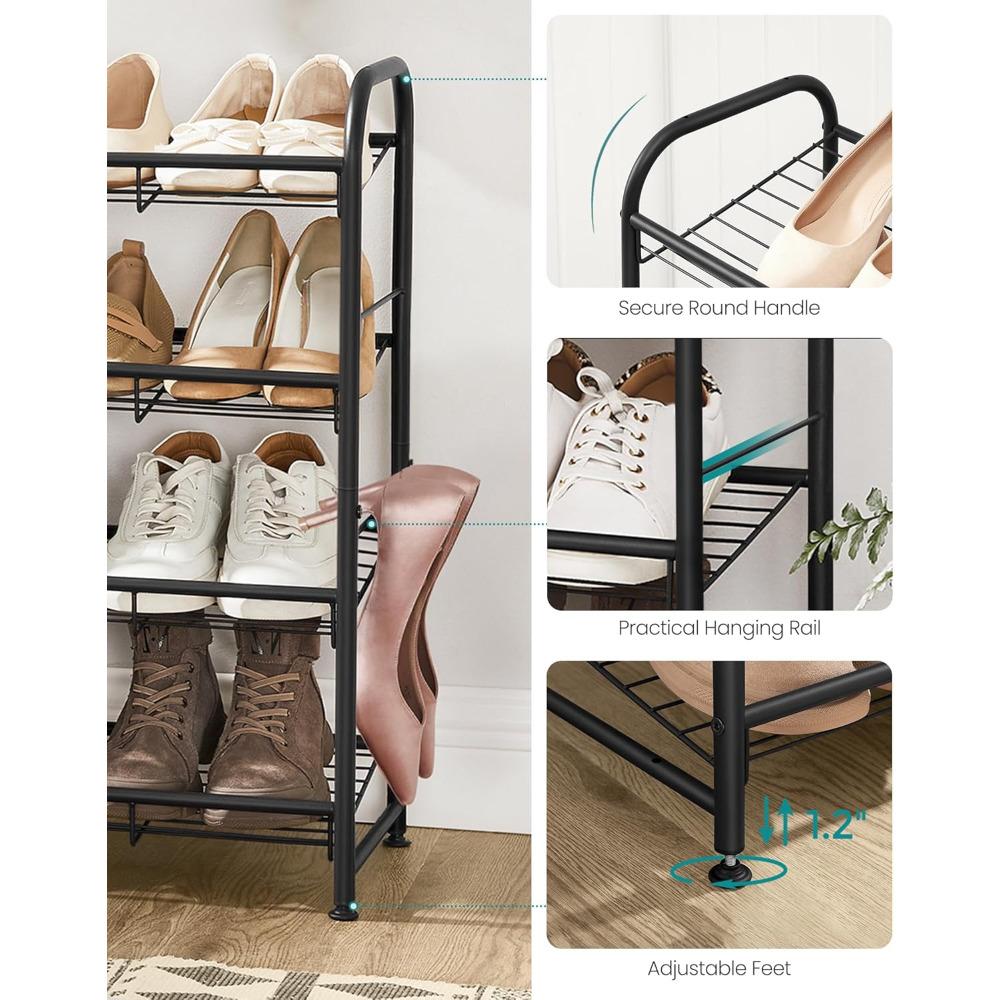 Stackable Shoe Rack, 4 Tier Metal Shoes Rack Storage Shelf, Holds Up To 20 Pairs Shoes, Adjustable Slanted Shelves Shoe Tower