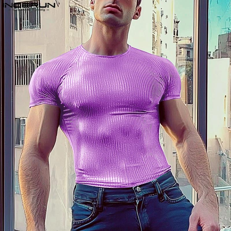 INCERUN Summer Men O Neck Short Sleeve Glitter Casual Fitted T-shirts Tops