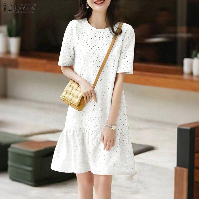 ZANZEA Women Casual Hollow Embroidered Patchwork Summer Short Sleeve Dress