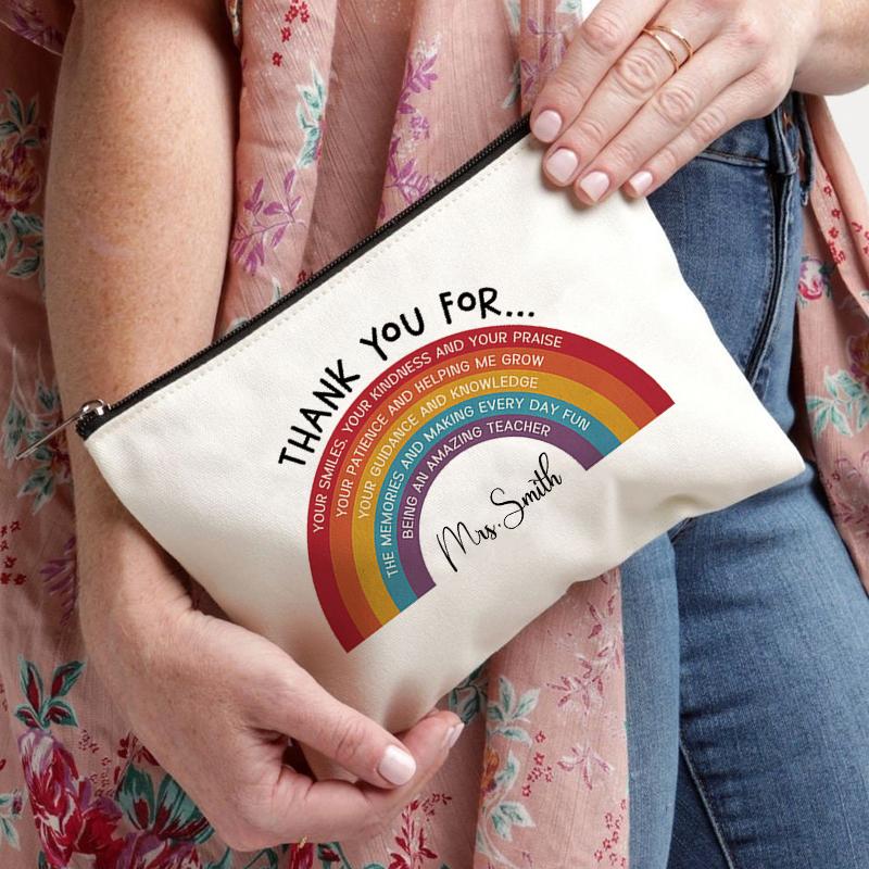Rainbow Teacher Custom Name Canvas Cosmetic Bag Zipper Wallet Travel Perfume Lipstick Pouch Office Supplies Storage Pencil Case