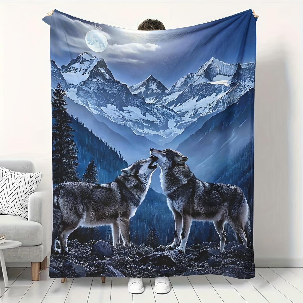 [Cozy Wolf Print Fleece Blanket] Soft Plush Flannel Fleece Blanket with Howling Wolves & Mountain Night Sky Design - All-Season 130x150cm