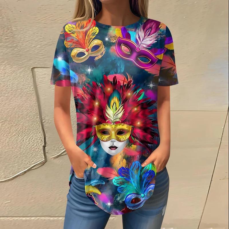 Summer Round Neck 3D Mardi Gras Themed Print T-shirts Fashionable Casual Short Sleeved Women's T-shirts