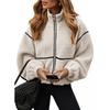 Womens Fall Winter Color Block Fleece Zip Up Warm Plush Jacket Casual Loose Fit