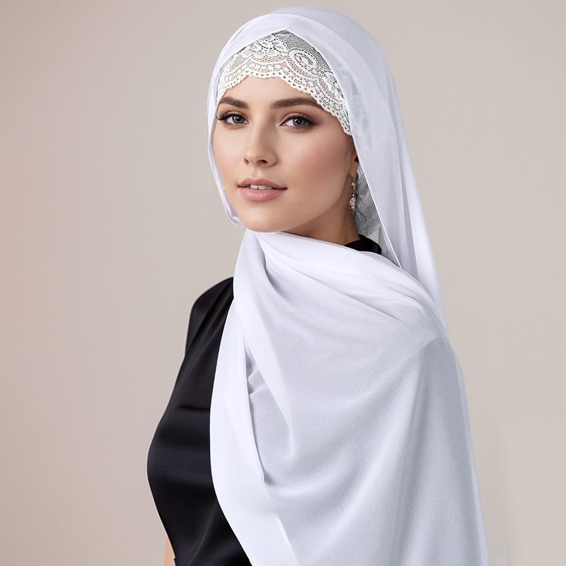 2/Pcs Lace Hijab Cap With Chiffon Scarf Women Hijab Solid Color Long Shawls Wraps Ladies Bandana Cotton Bonnet And Chiffon Scarf