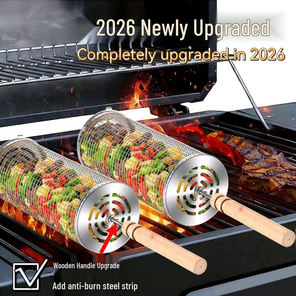 Stainless Steel Portable BBQ Rolling Grill Cage, Cylinder Smoker Net 304