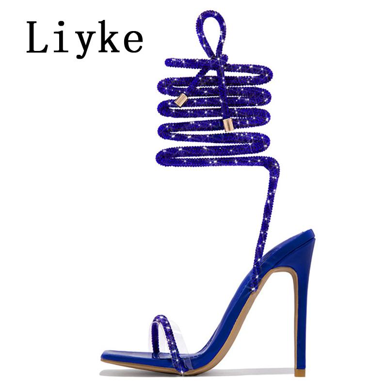 

Fashion Liyke Fashion Glitter Rhinestones Women Sandals Crystal Ankle Strap High Heels Party Prom Shoes Lady Wedding Stiletto Sandalias 35 синий