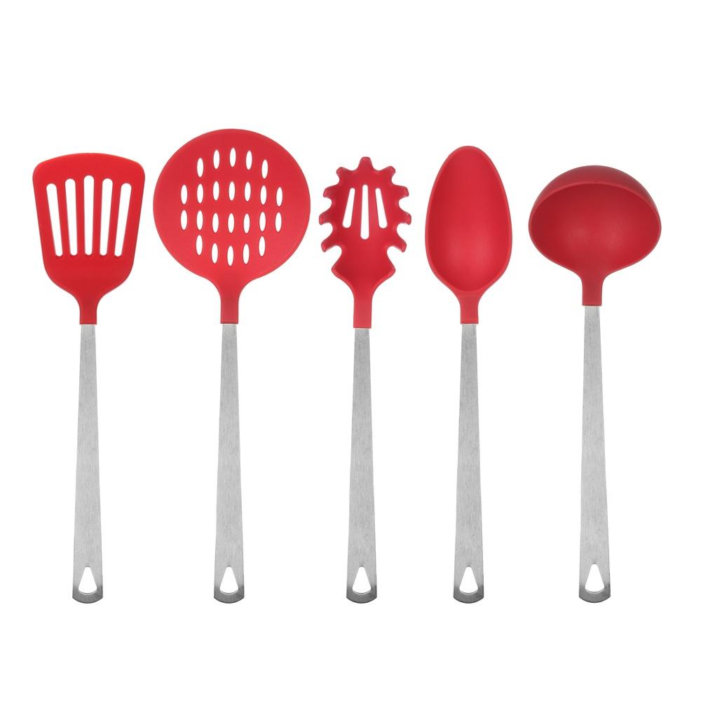 Stainless Steel Nylon 5 Piece Kitchen Utensil Set Cooking Spoon Ladle Skimmer Turner Pasta Server Ergonomic Dishwasher Safe