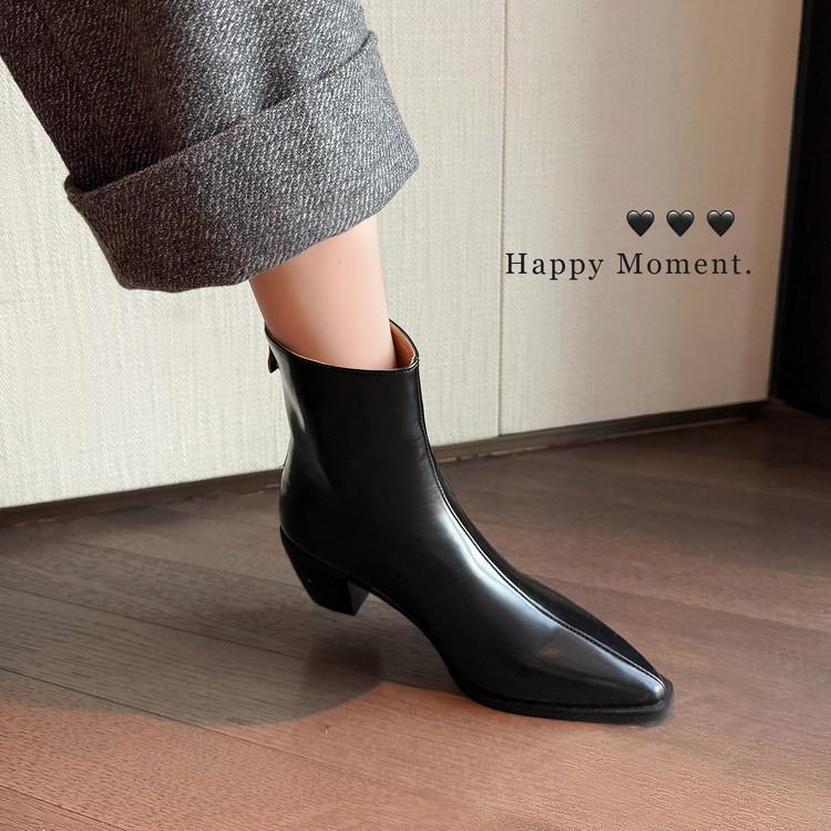 Sheepskin Version~ Black Pointed Middle Heel Boots Women's Autumn and Winter New Velvet Thick Heel and Ankle Boots Thin Boots Martin Boots