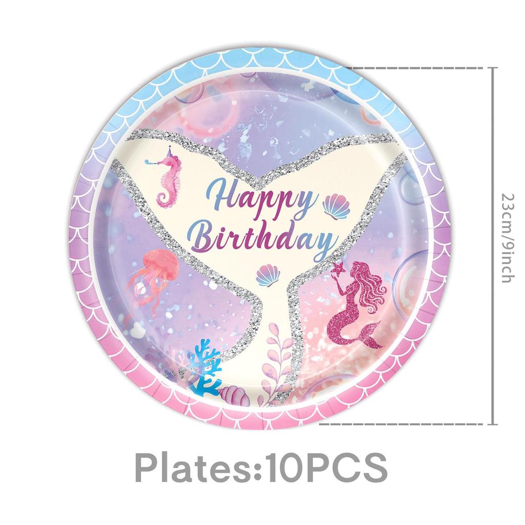 Mermaid Theme Children's Birthday Party Supplies: Cartoon Plates & Disposable Tablecloth