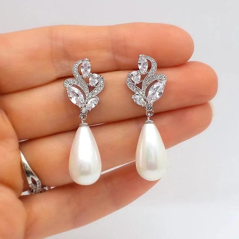 Simple Stylish Simulated Pearl Earrings with Cubic Zirconia Fashionable Women Silver Color Luxury Trendy Jewelry