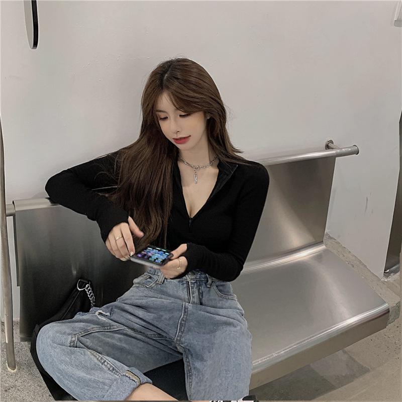 Chic V-Neck Half-Zip High-Waisted Women's Autumn/Winter Top