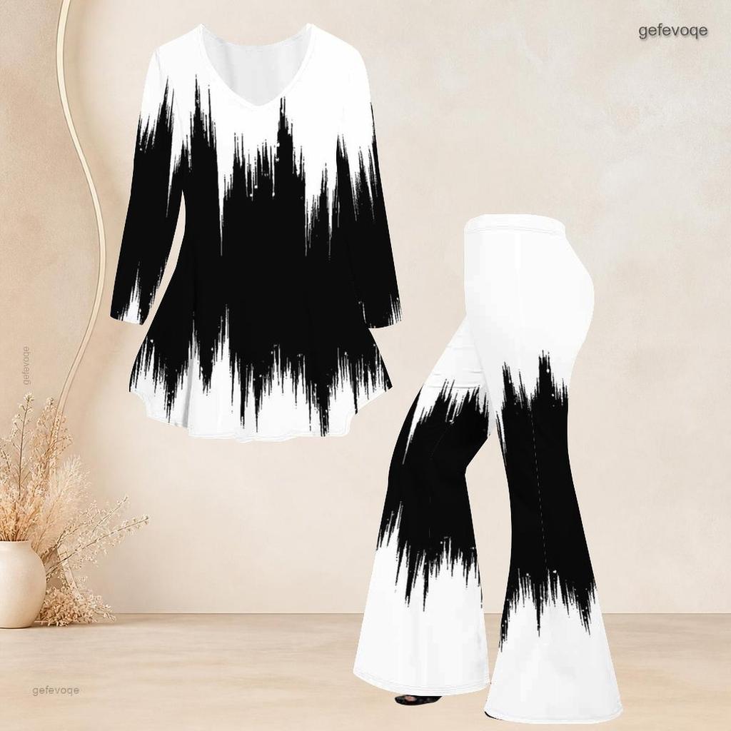 Women Plus Size Two Piece Set V Neck Long Sleeve Black White Printed Flared Top Flared Pants