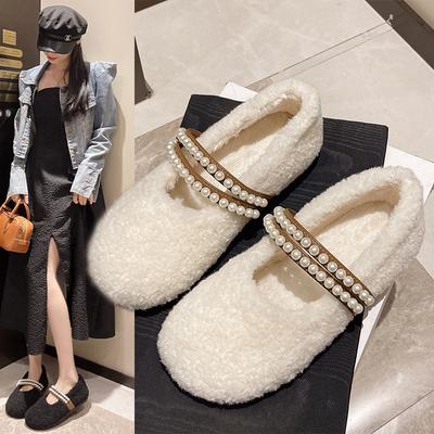 Γυναικεία παπούτσια με στρογγυλή μύτη, casual, μοκασίνια, γούνινα, ρηχά, σκάφη, νέο φθινόπωρο, αγκράφα με μαργαριτάρια, casual, καουτσούκ, μονόχρωμο, Mary