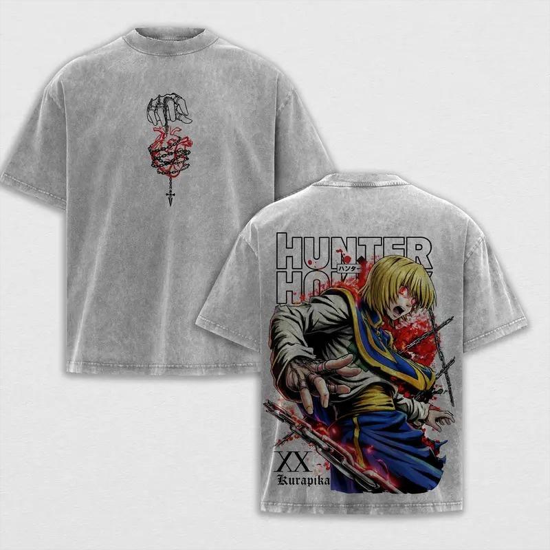 Hot Anime Hunter X Hunter Kurapika Print T-shirt Men Short Sleeve Clothing Cotton Tshirt Retro Washed T Shirt Male Manga Tops