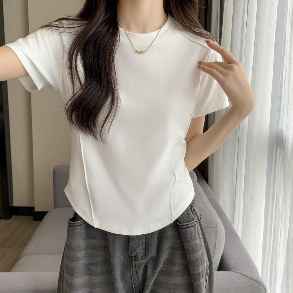 Round Neck Short Sleeves Straight Shoulder Slimming Fish Bone Shirt New Summer Irregular Base T-shirt Women's Top