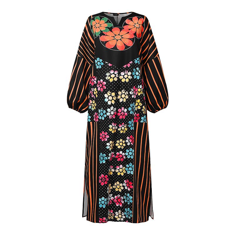 Oversized Women Casual Long Sleeve Floral Print Striped Loose Long Dress Kaftan Robes