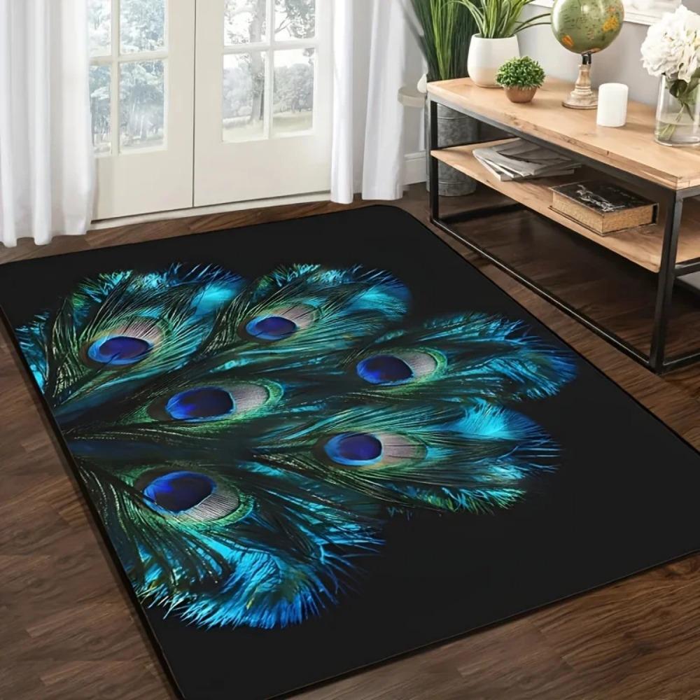 Peacock Feather Area Rug Teal and Blue Peacock Decor for Living Room Bedroom Kitchen Floor Home Decoration Indoor Outdoor