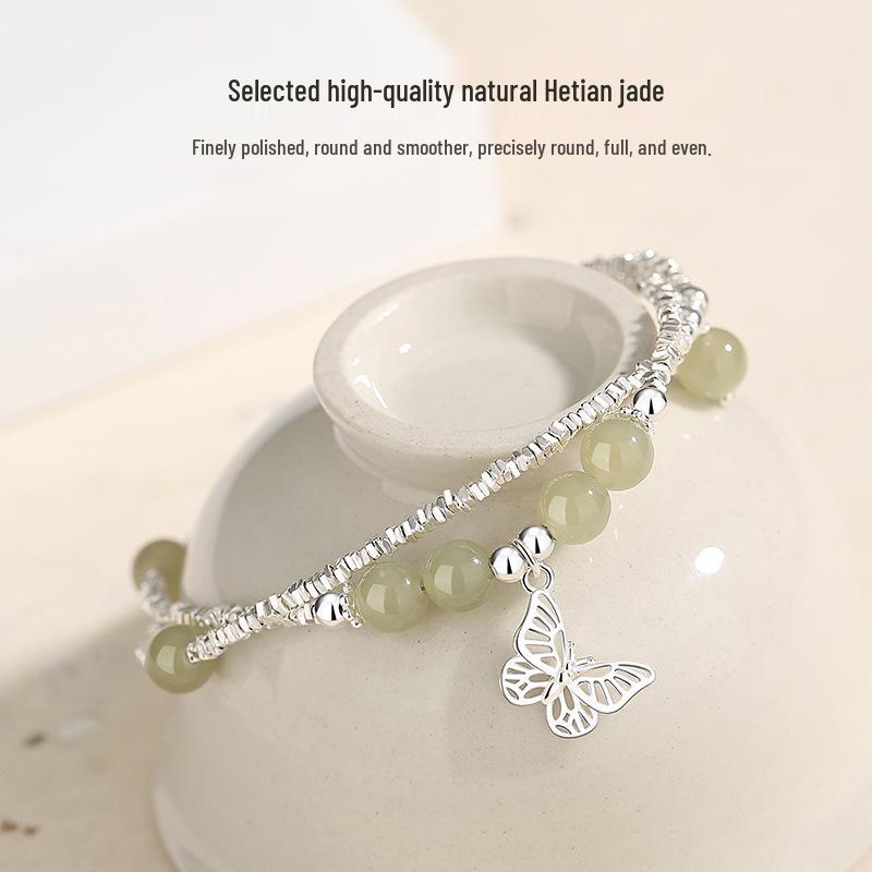 Tichiya Silver Butterfly Double-Layer S925 Sterling Jade Bracelet - Light Luxury Chinese Style Accessories for Women