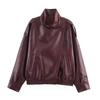 Womens Short PU Leather Jacket Loose Fit Biker Style Stand Collar Fashion Coat