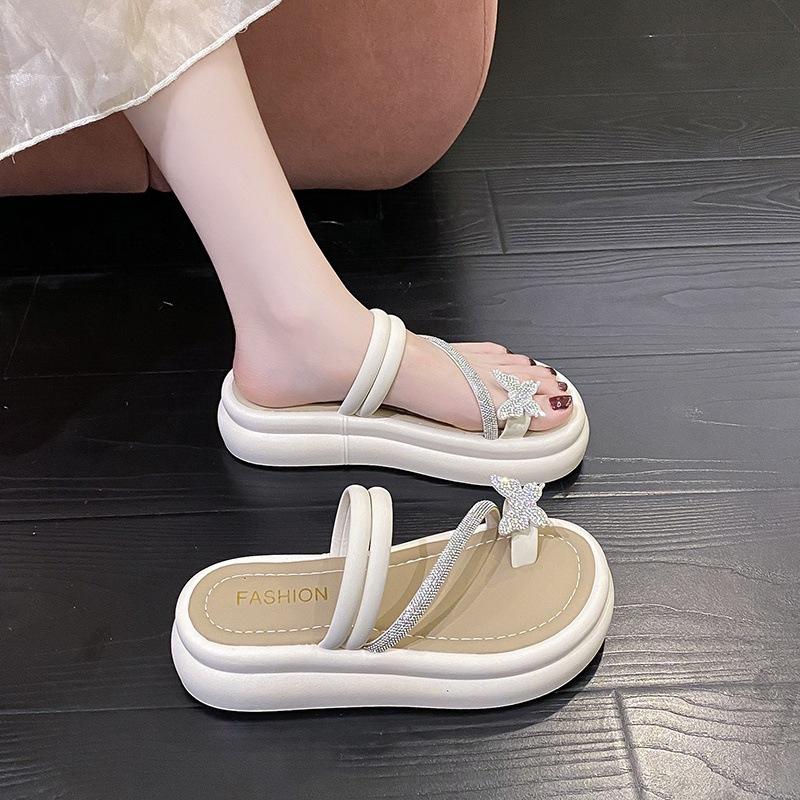 Premium sense rhinestone butterfly platform slippers women's summer 2025 new one-word set toe cool slippers casual beach slippers