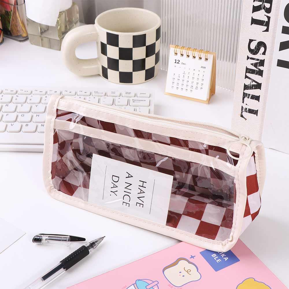 Waterproof Checkerboard Pattern Pen Case Transparent Lattice Pencil Bag  Kids Gifts