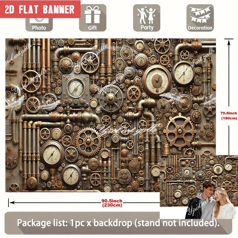 2D Flat Party Backdrop Banner - Large Steampunk Theme with Gears, Pipes & Vintage Clock