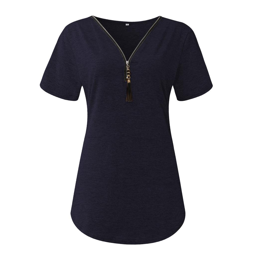 Women's Fashion Summer V-neck Tassel Zipper Color Short Sleeve Pullover T-shirt Top