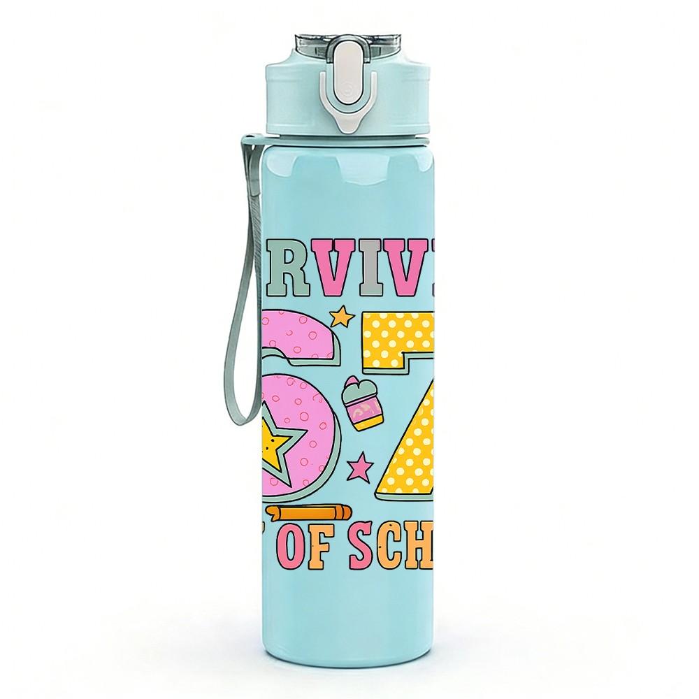1PC Survived 67 First Day Of School Letter 750ml Color Plastic Sports Water Bottle Leakproof Flip Straw Lid Suitable for Sports Office Home Use