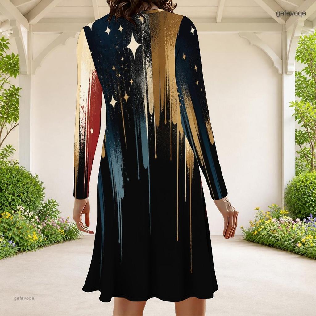 Women Plus Size Long Sleeve Round Neck Abstract Printed Black A Line Midi Dress