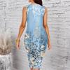 Women Plus Size Sleeveless Round Neck Midi Bodycon Dress Light Blue Vintage Floral Gradient Print Slim Fit Dress