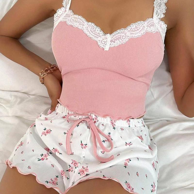 Zweiteiliges Sommer-Pyjama-Set für Damen, geripptes Strick-Blumenmuster, Spitzenbesatz, Camisole-Weste und Shorts mit Schleife, sexy